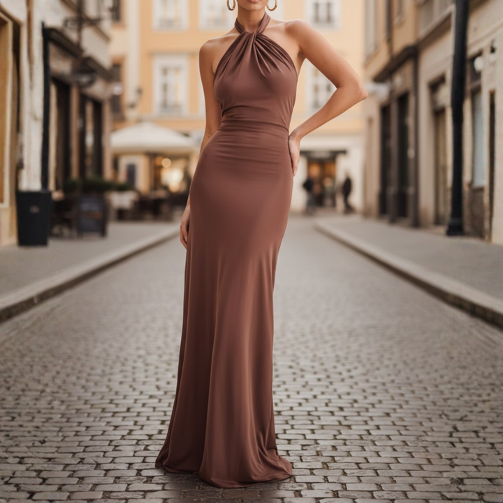 Robe longue froncée pour femme à col licou