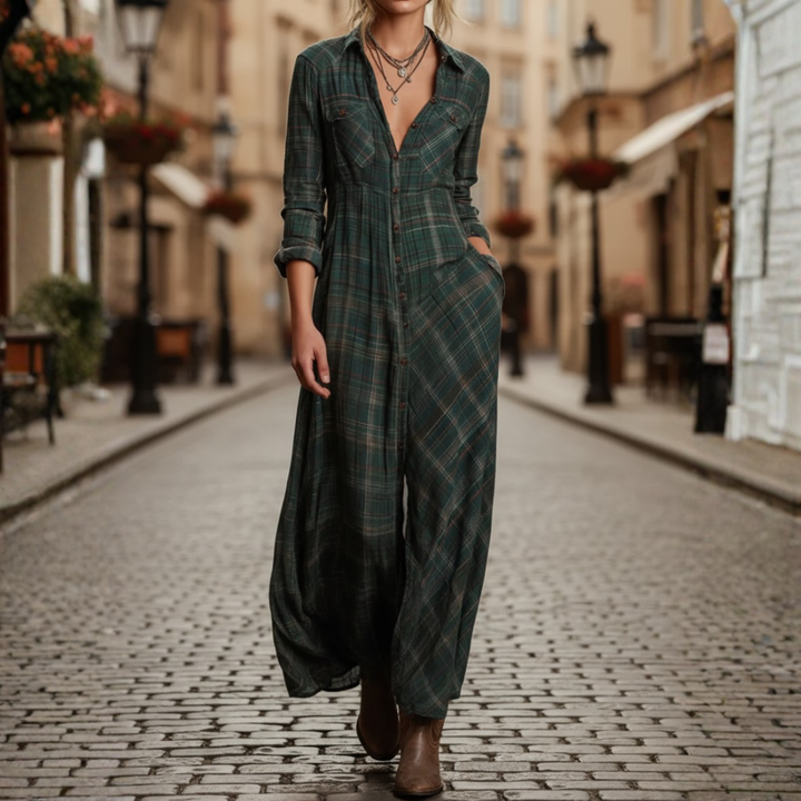Robe longue à carreaux pour femme avec boutons sur le devant