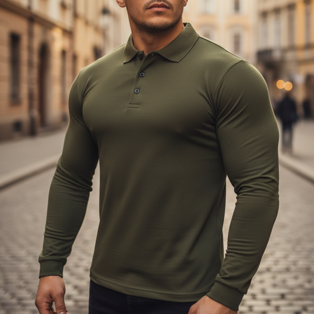 Men Ribbed Long Sleeve Polo Shirt
