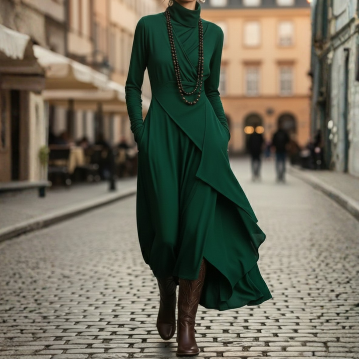 Robe longue plissée asymétrique à col montant et manches longues pour femme