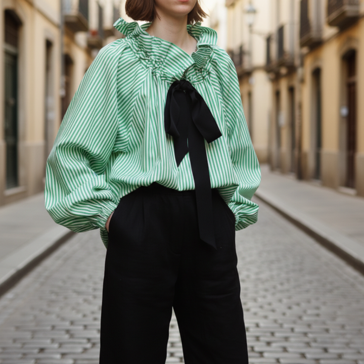 Women Striped Ruffle Bow Tie Blouse