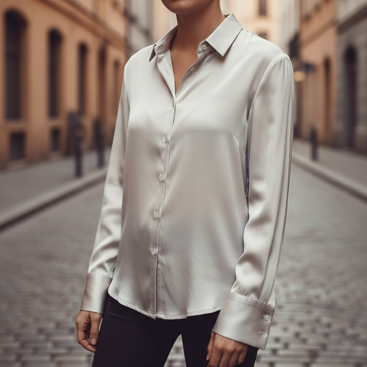 Women Satin Button Down Long Blouse
