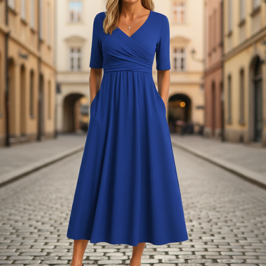 Robe midi à encolure en V, portefeuille, manches courtes, taille empire pour femme