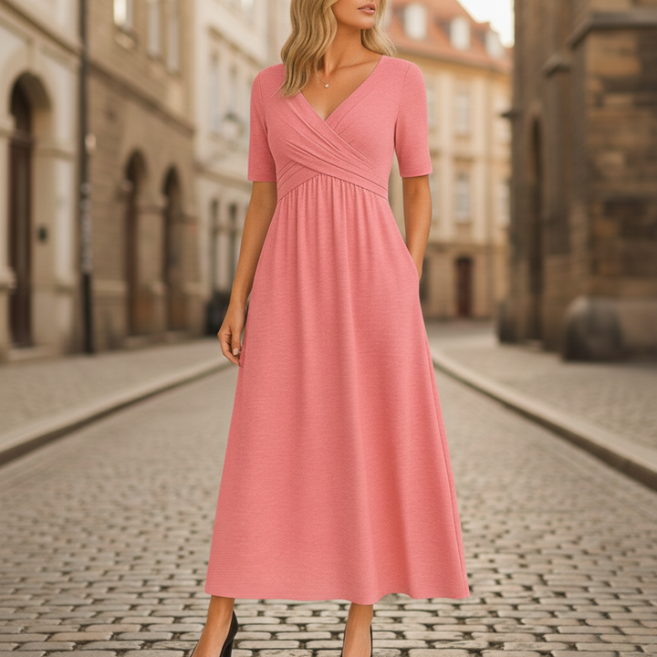 Robe midi à encolure en V, portefeuille, manches courtes, taille empire pour femme