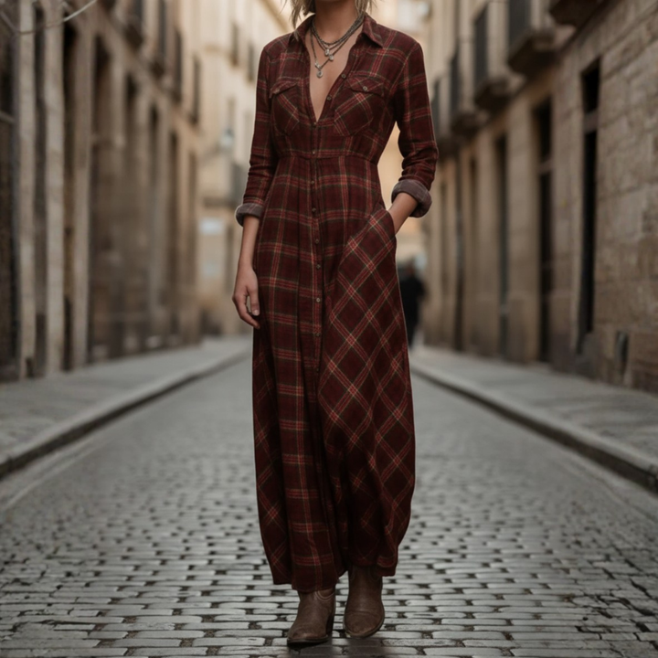 Robe longue à carreaux pour femme avec boutons sur le devant