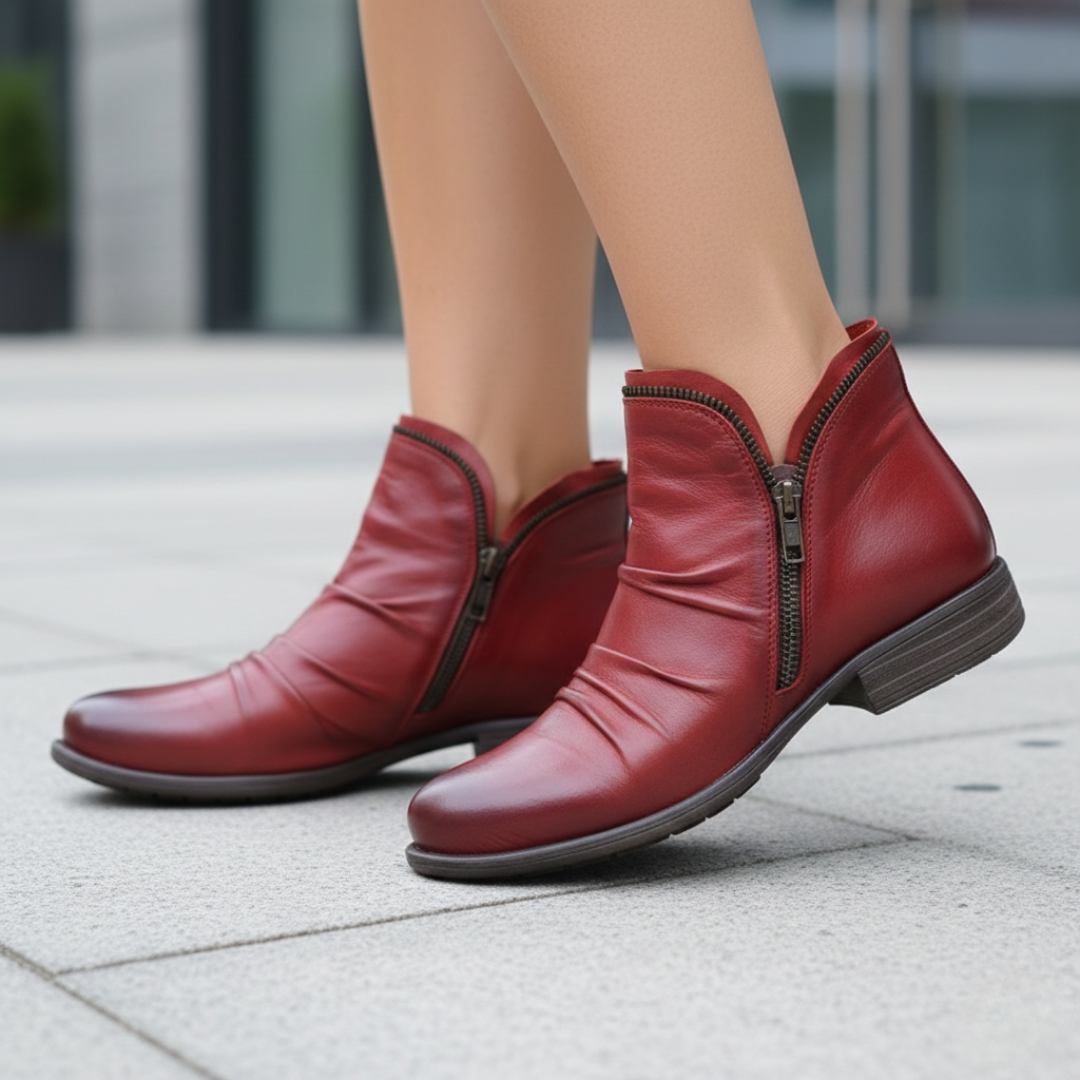 Women Orthopedic Faux Leather Double Zipper Ruched Ankle Boots