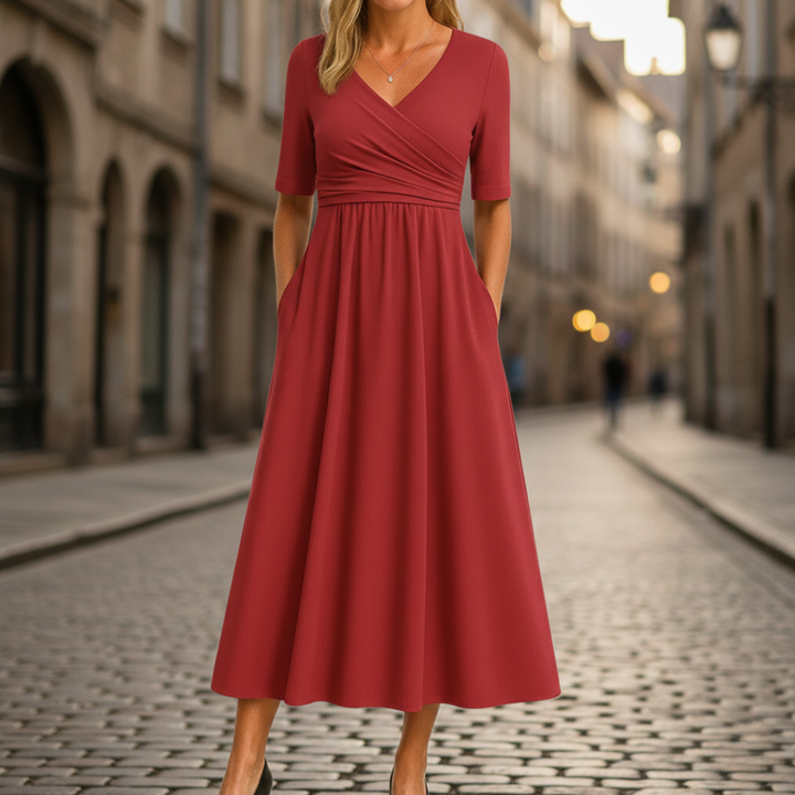 Robe midi à encolure en V, portefeuille, manches courtes, taille empire pour femme