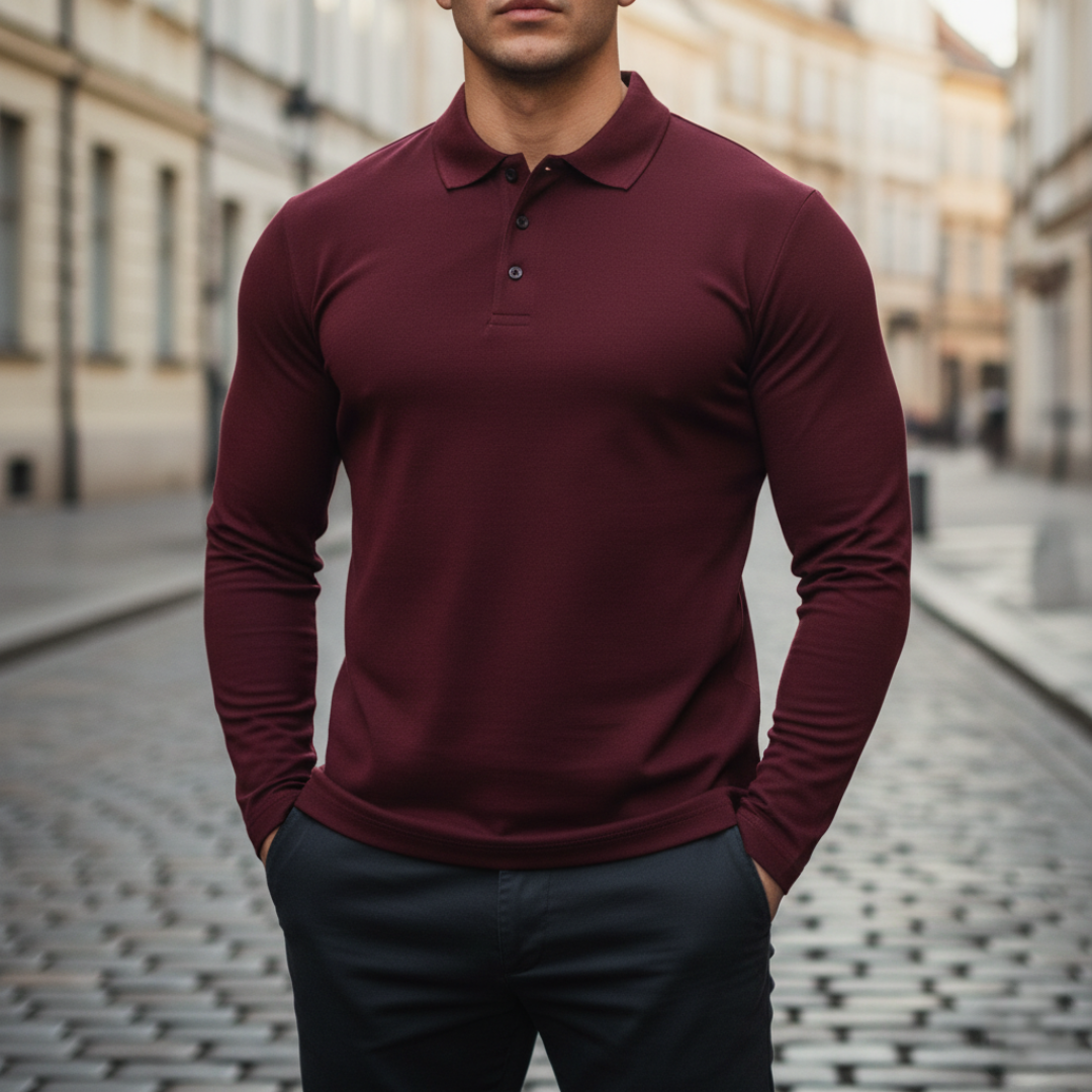 Men Ribbed Long Sleeve Polo Shirt