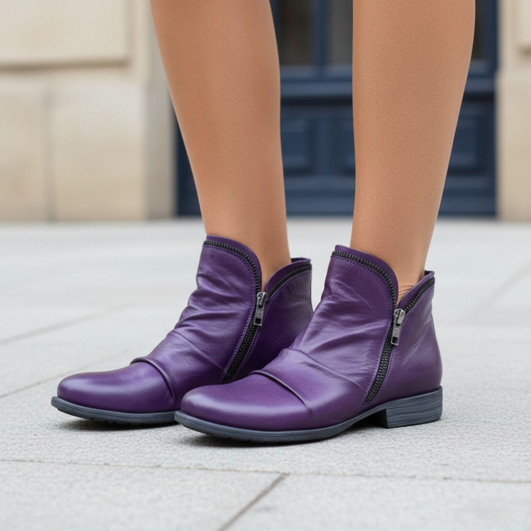 Women Orthopedic Faux Leather Double Zipper Ruched Ankle Boots